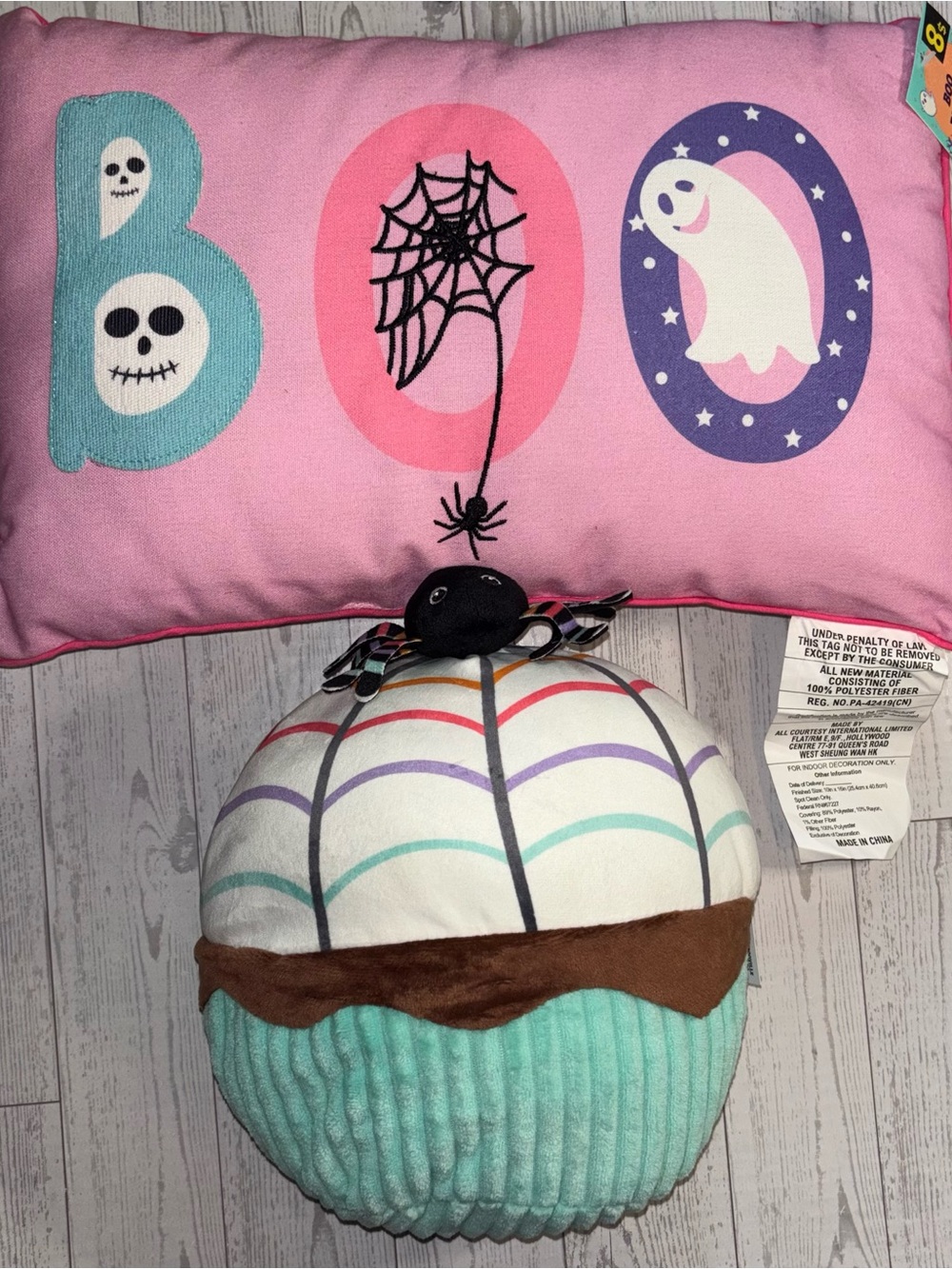Halloween Pillow Set BOO Throw Pillow & Spider Cupcake Plush NWT